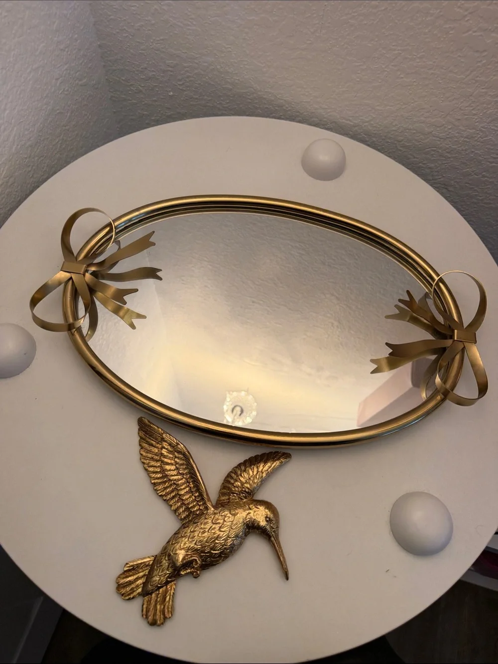 Gold Ribbon Accent Vanity Mirror Tray and hummingbird wall decor